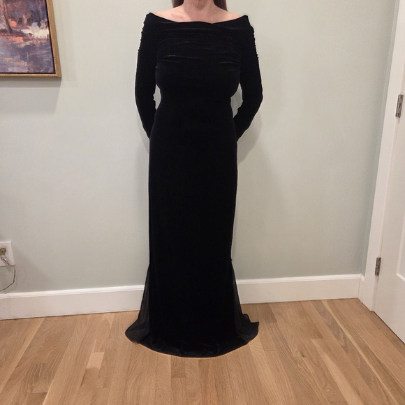 Cachet Black Velvet Off Shoulder Women's Maxi Dress Sheer Beaded Bottom  6 - Picture 1 of 9